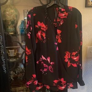 Vince Camuto Black and Red Long Sleeve Mandarin Collar Blouse